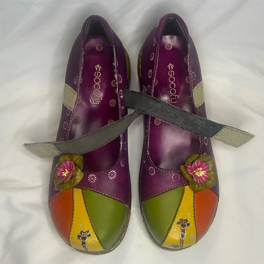 SOCOFY Leather Mary Jane Boho Platform Embossed Flower Ballet Shoes Women’s 10 - Picture 8 of 9